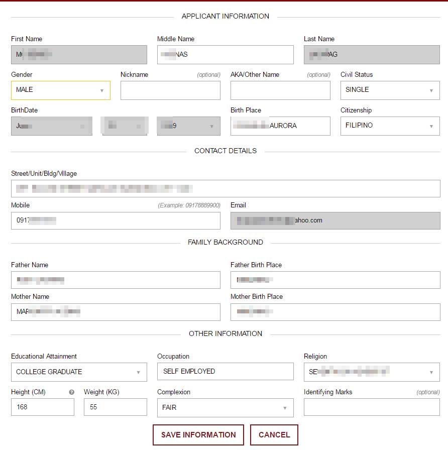 nbi application form on the website